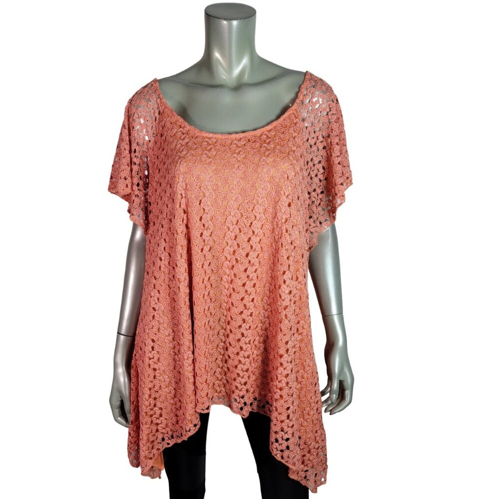 Dressbarn Top‎ Plus Size 3X Stretch Shark Bite Hem Crochet Overlay Orange